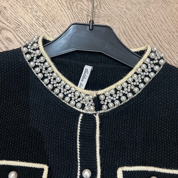 #96 PARIS FRANCE FABULOUS PEARL DETAIL KNIT DESIGNER STYLE CHIC JACKET - Picture 3 of 5